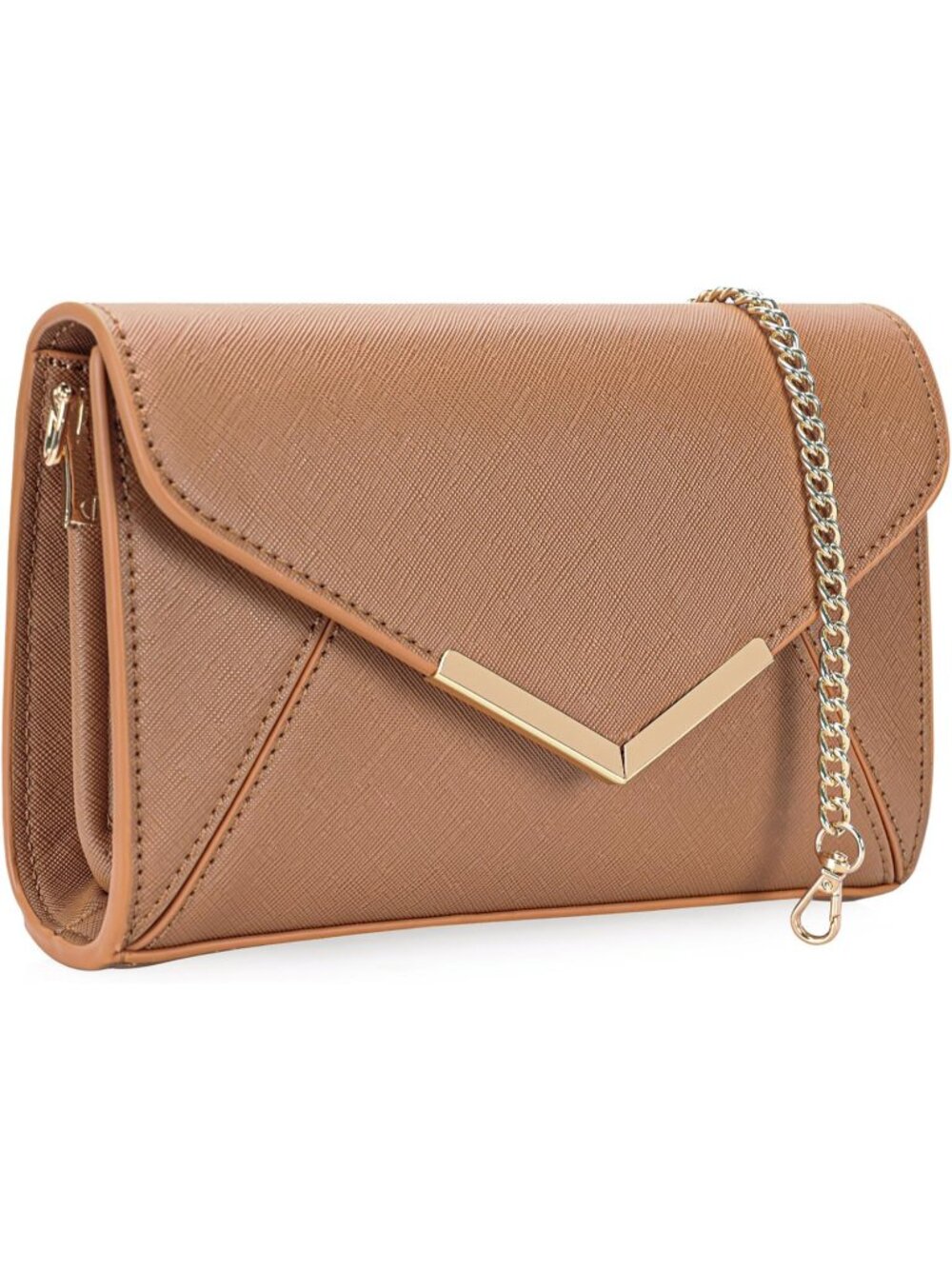 Women's Brown Faux Saffiano Leather Envelope Clutch Purse Evening Handbag
